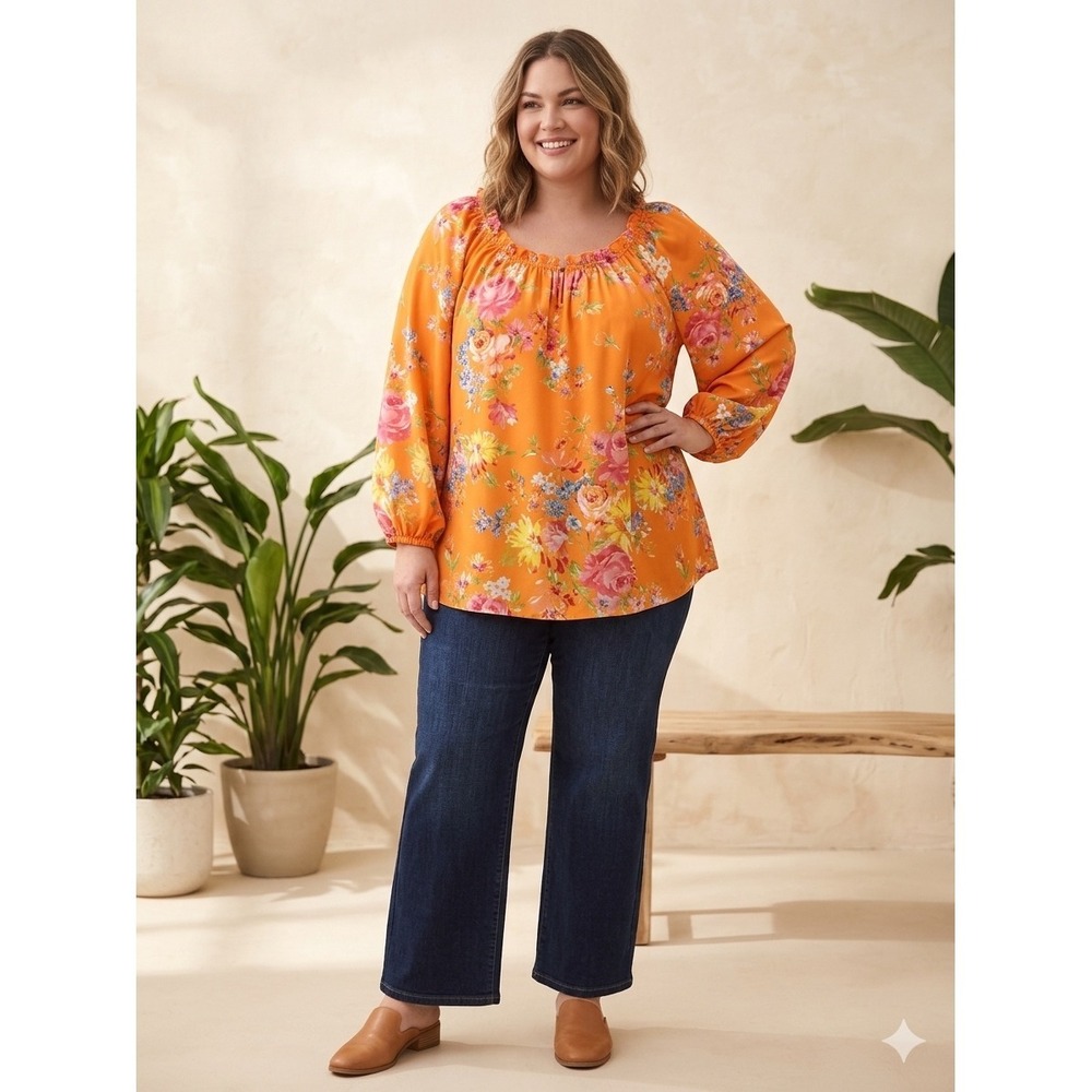 Chaps Women Orange Floral Ruffle Neck Peasant Blouse 2X 3/4 Sleeve Boho Top